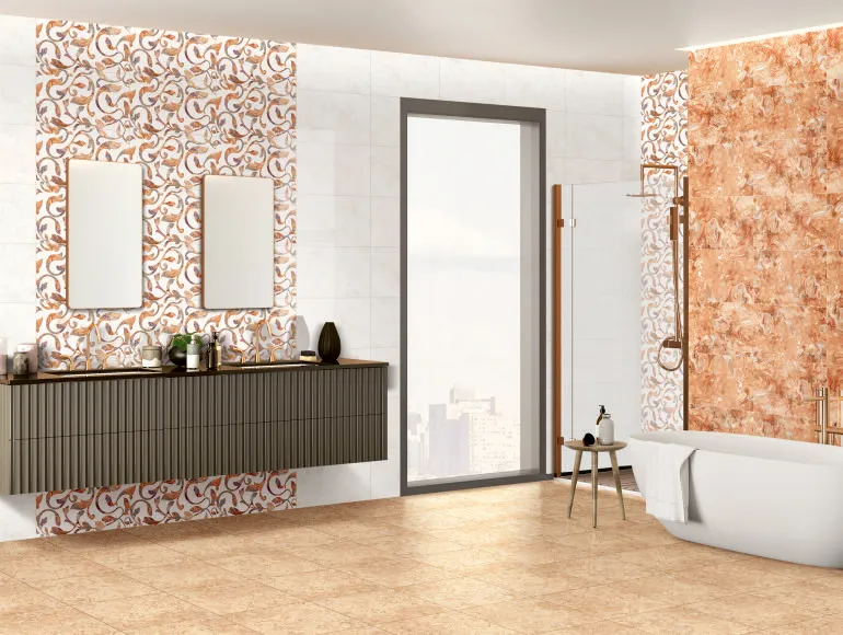 SFM Nova Marble Beige Tile in Beige Bathroom with Bathtub & Sink